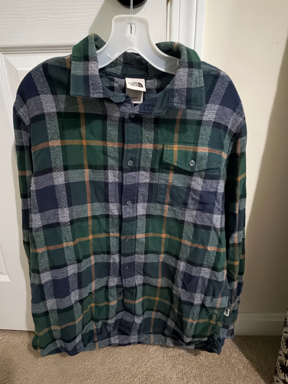 The North Face Men's Green and Navy Plaid Button-Down Shirt